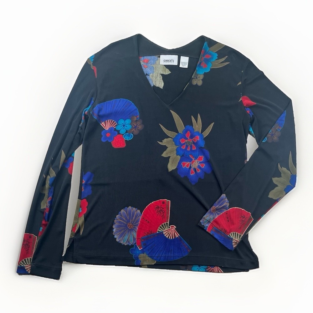 Chicos Travelers‎ Top Sz 1 Medium Slinky Asian Inspired Long Sleeve Fans Floral